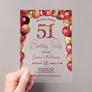 Invitations En Acrylique Fête d'anniversaire surprise 51 ans paillettes or 