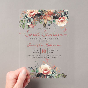 Invitations En Acrylique Fête d'anniversaire Sweet 16 Floral Bohème Féminin