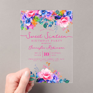 Invitations En Acrylique Fête d'anniversaire Sweet 16 Floral Rainbow Fémini