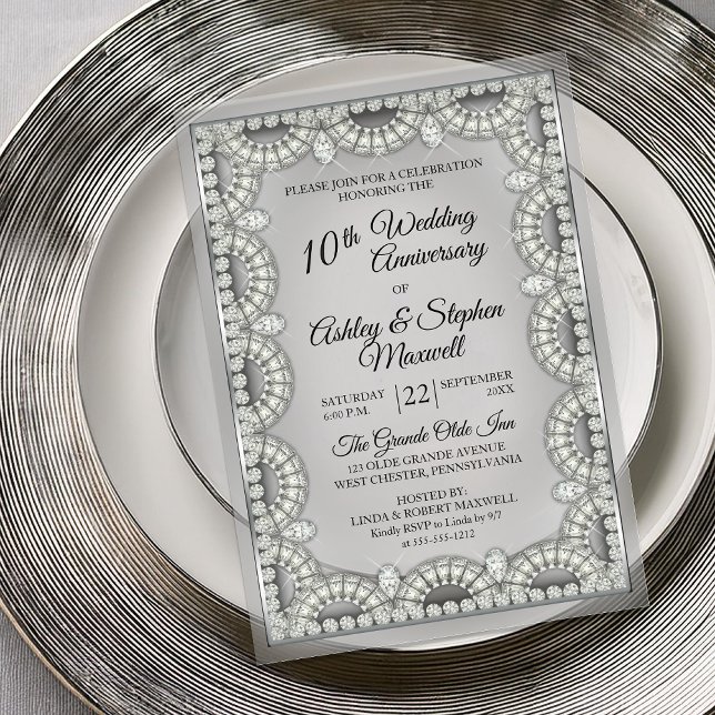 Invitations En Acrylique Fête de 10 ans de mariage Silver et Diamond (Elegant Silver-Tone and Diamond 10th Wedding Anniversary Party Acrylic Invitations)