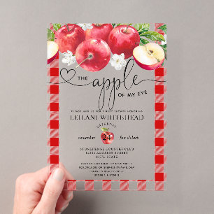 Invitations En Acrylique Fête de Bébé à l'aquarelle Rouge Gingham Pomme de