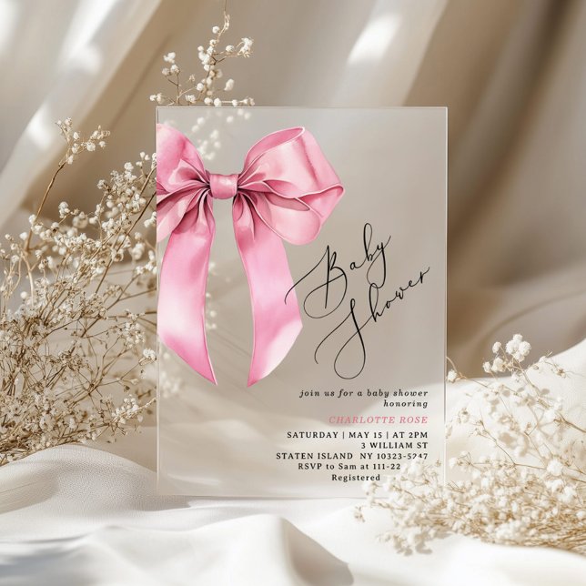 Invitations En Acrylique Fête de bébé adorable ruban rose (Créateur téléchargé)