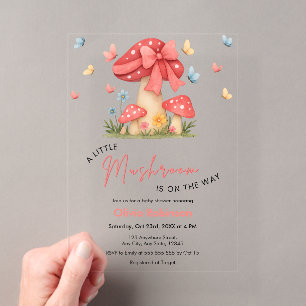 Invitations En Acrylique Fête de Bébé Champignon Fleur Rouge Ruban