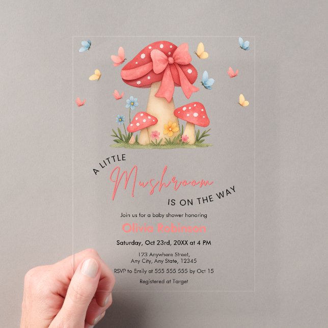 Invitations En Acrylique Fête de Bébé Champignon Fleur Rouge Ruban (In situ (ordinateur de poche))