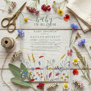 Invitations En Acrylique Fête de Bébé dans une Prairie de Fleurs Sauvages B