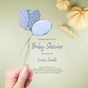 Invitations En Acrylique Fête de bébé élégante et unisexe avec ballons bleu