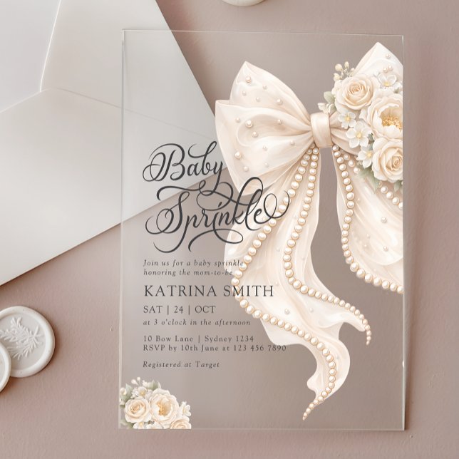 Invitations En Acrylique Fête de Bébé Fille Fleurs et Ruban Élégant (Créateur téléchargé)