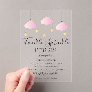 Invitations En Acrylique Fête de Bébé Fille Rose Petite Étoile Scintillante