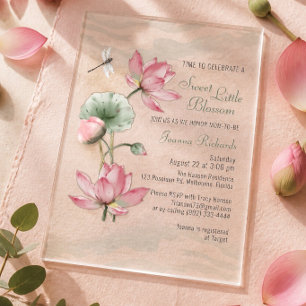 Invitations En Acrylique Fête de Bébé Fleur de Lotus à l'Aquarelle Élégante