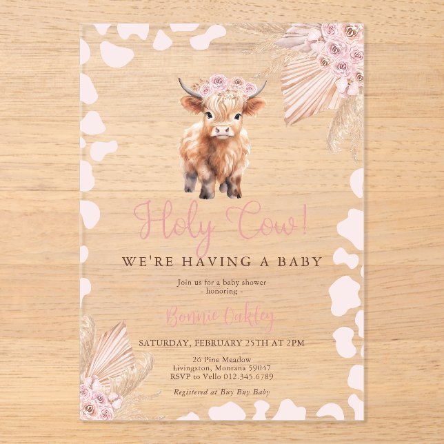 Invitations En Acrylique Fête de bébé Fleur Séchée Bohème Vache Sainte Rose (Recto)