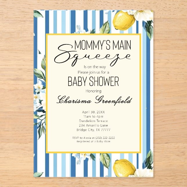 Invitations En Acrylique Fête de Bébé Garçon Lemon Blue Main Squeeze de Mam (Recto)