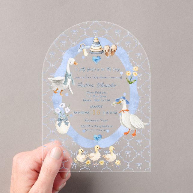Invitations En Acrylique Fête de bébé garçon Silly Goose Whimsical Bow (In situ (ordinateur de poche))