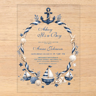 Invitations En Acrylique Fête de Bébé Garçon Voilier à Carreaux Bleu Marine
