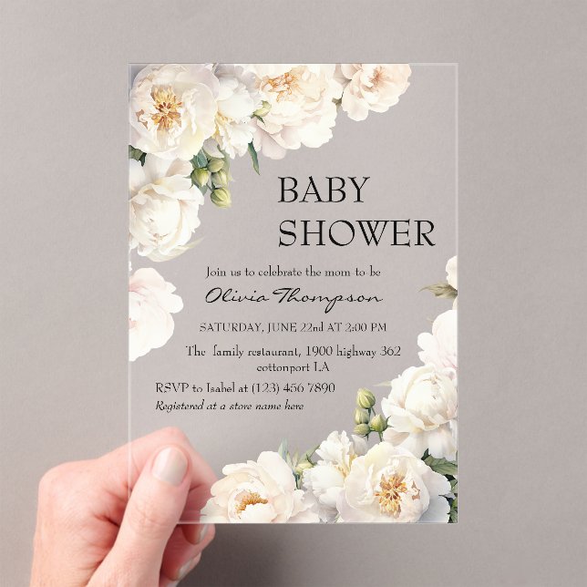 Invitations En Acrylique Fête de bébé neutre Ivory Peony (In situ (ordinateur de poche))