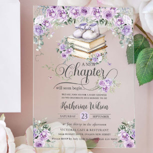 Invitations En Acrylique Fête de bébé Nouveau Chapitre Livre Floral Lilas V