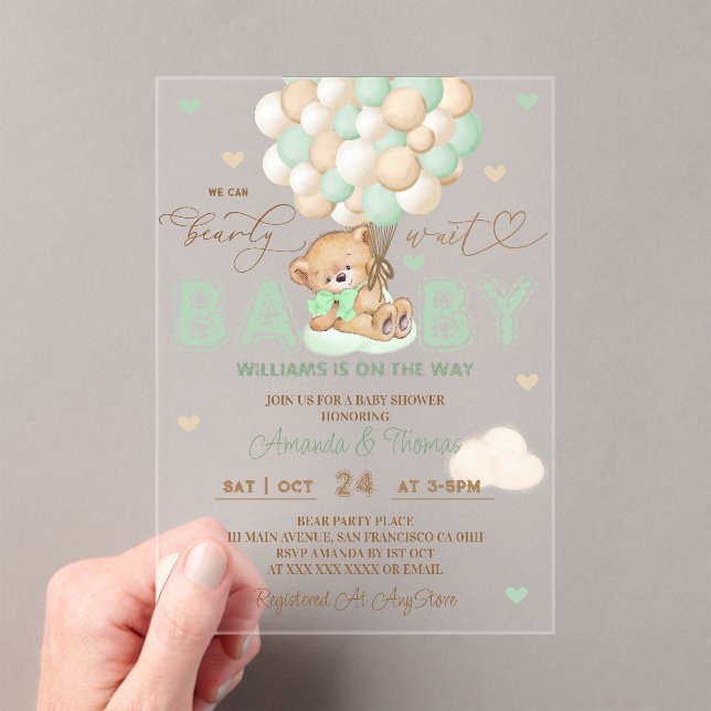Invitations En Acrylique Fête de bébé ours vert avec ballons (In situ (ordinateur de poche))
