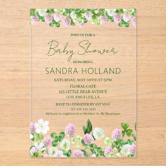 Invitations En Acrylique Fête de Bébé Prairie de Trèfle à l'Aquarelle (Recto)