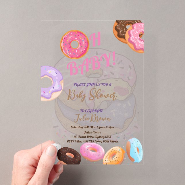 Invitations En Acrylique Fête de bébé rose Donut  (In situ (ordinateur de poche))