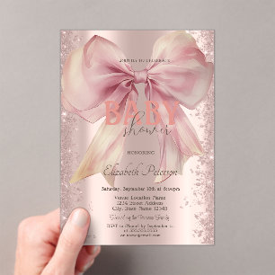 Invitations En Acrylique Fête de Bébé Ruban Rose Confettis Paillettes Or Ro