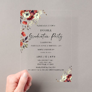 Invitations En Acrylique Fête de Double Diplôme Floral pour Jumeaux Diplômé