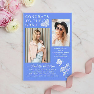 Invitations En Acrylique Fête de fin d'études avec photo de papillon bleu m