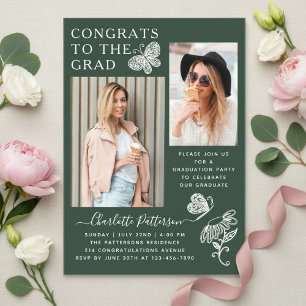 Invitations En Acrylique Fête de fin d'études avec photo de papillon vert m