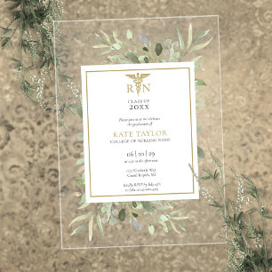 Invitations En Acrylique Fête de fin d'études d'infirmière Greenery Gold RN