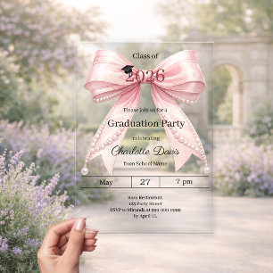 Invitations En Acrylique Fête de fin d'études nœud rose promotion 2026 luxe