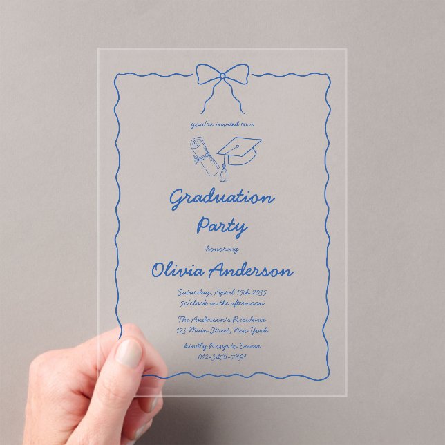 Invitations En Acrylique Fête de graduation moderne Blue Hand Drawn Wavy Bo (In situ (ordinateur de poche))