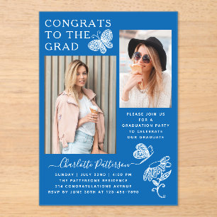 Invitations En Acrylique Fête de graduation photo Papillon blanc bleu moder