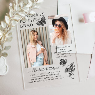 Invitations En Acrylique Fête de graduation photo papillon moderne