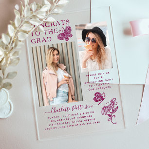 Invitations En Acrylique Fête de graduation photo papillon moderne
