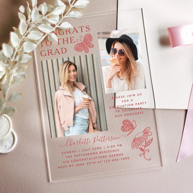 Invitations En Acrylique Fête de graduation photo papillon moderne (Créateur téléchargé)