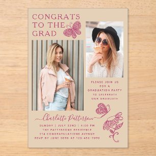 Invitations En Acrylique Fête de graduation photo Papillon rose beige moder