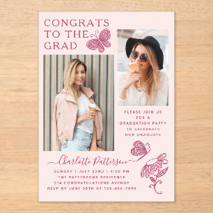 Invitations En Acrylique Fête de graduation photo papillon rose moderne