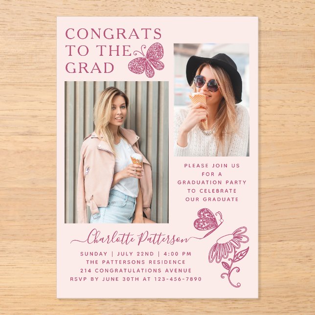 Invitations En Acrylique Fête de graduation photo papillon rose moderne (Recto)