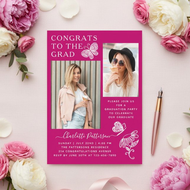 Invitations En Acrylique Fête de graduation photo papillon rose moderne (Créateur téléchargé)