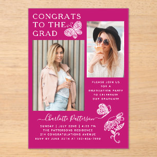 Invitations En Acrylique Fête de graduation photo papillon rose moderne