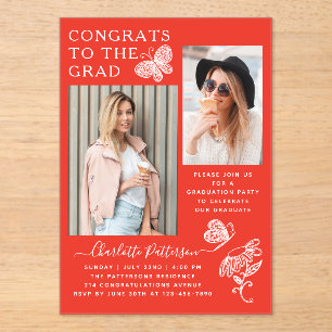 Invitations En Acrylique Fête de graduation photo papillon rouge moderne