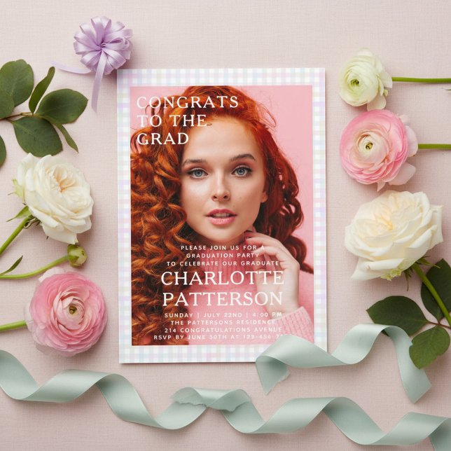 Invitations En Acrylique Fête de graduation photographique En vichy multico (Créateur téléchargé)