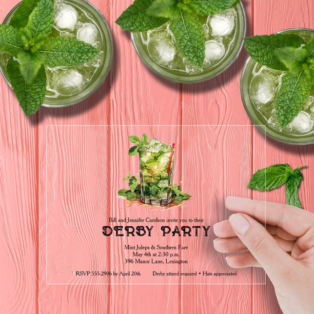 Invitations En Acrylique Fête de la course de chevaux avec Mint Julep  (Mint Julep Derby Clear Acrylic Party Invitations)