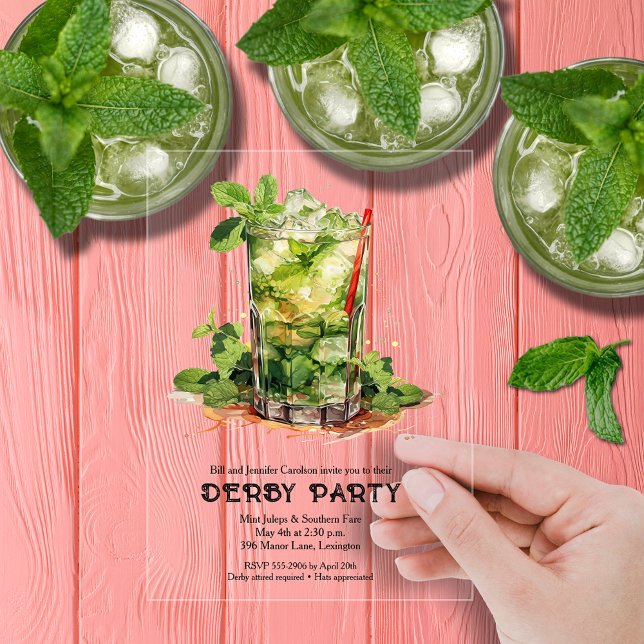 Invitations En Acrylique Fête de la course de chevaux avec Mint Julep (Mint Julep Derby Clear Acrylic Party Invitations)