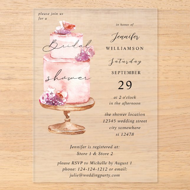 Invitations En Acrylique Fête de mariage avec gâteau rose (Recto)
