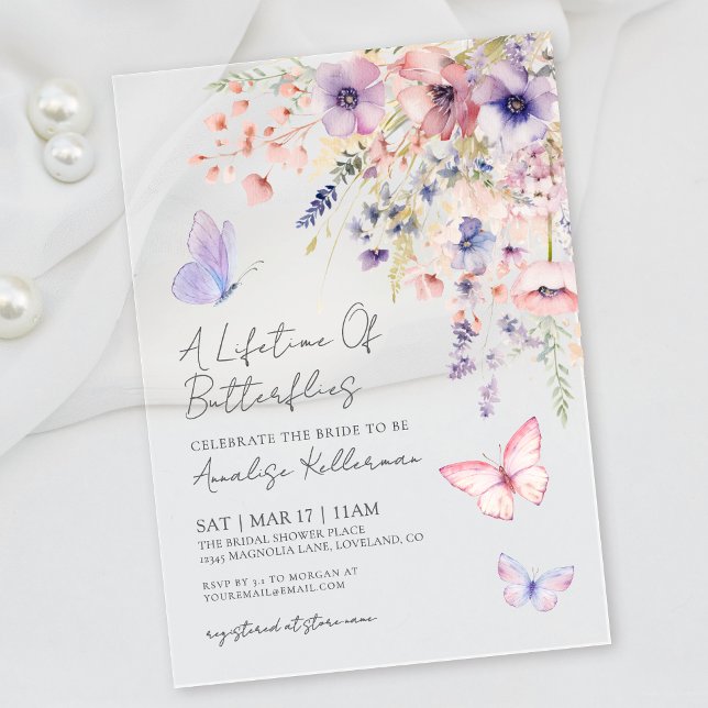 Invitations En Acrylique Fête de mariage champêtre papillon (Butterfly Wildflower Bridal Shower Acrylic Invitations)