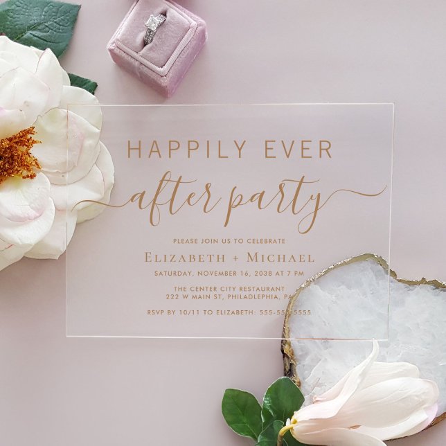 Invitations En Acrylique Fête de mariage chic script or après mariage (Celebrate your Happily Ever After in style with our elegant acrylic wedding reception invitations)