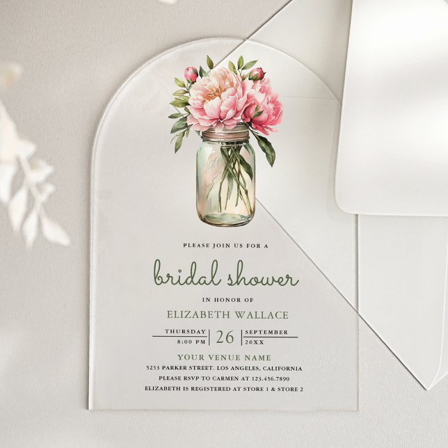 Invitations En Acrylique Fête de mariage dans un pot Mason à fleurs roses (Créateur téléchargé)
