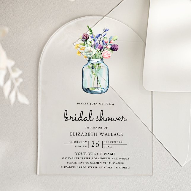 Invitations En Acrylique Fête de mariage dans un pot Mason avec des fleurs  (Créateur téléchargé)