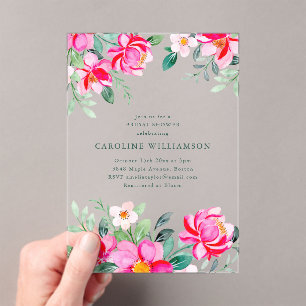Invitations En Acrylique Fête de mariage floral aquarelle rose vif d'été