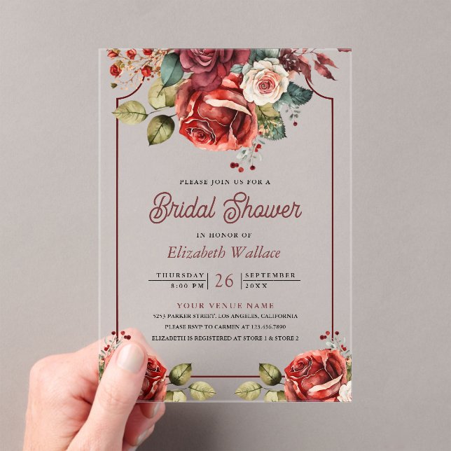 Invitations En Acrylique Fête de mariage floral avec des roses rouges (In situ (ordinateur de poche))