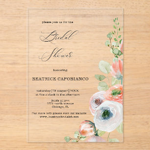 Invitations En Acrylique Fête de mariage floral corail pêche romantique